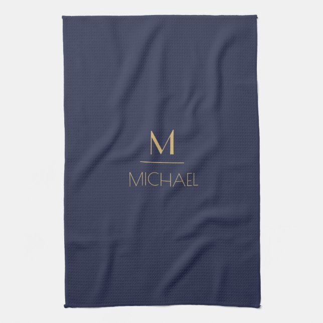 Personlig Monogram | Namn Marinblå & Guld Kökshandduk (Vertikal)