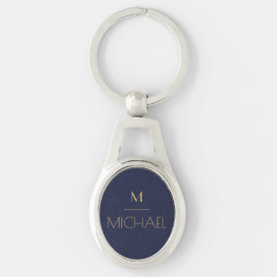 Personlig monogram Namn Navy & Guld Ovalt Silverfärgad Nyckelring