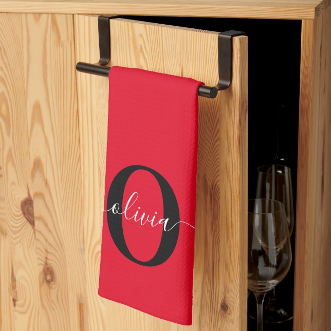 Personlig Monogram Namn Red Black White Kökshandduk (Thirds Fold)