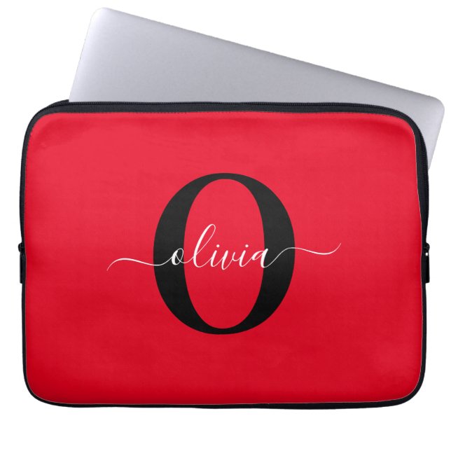 Personlig Monogram Namn Red Black White Laptop Fodral (Framsidan)