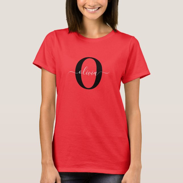 Personlig Monogram Namn Red Black White T Shirt (Framsida)