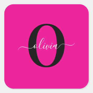 Personlig Monogram Namn Rosa Black White Fyrkantigt Klistermärke
