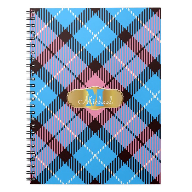 Personlig Monogram Namn Rosa Blue Tartan Play Anteckningsbok (Framsidan)