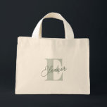 Personlig Monogram Namn Sage Grönt Script Mini Tygkasse<br><div class="desc">Den här personligen mini-tote-väskan har ett monogram för snyggtens sage-grönt, perfekt för bridesaid-presenter. Idealiskt för helg-gäster, möhippor eller brudens sida-favörer, är denna chic och praktiska ton ett tänkbart sätt att tacka era brigader. Oavsett om det gäller stranden eller vardaglig använda ger den här anpassningsbarna en personlig till din speciella dag....</div>