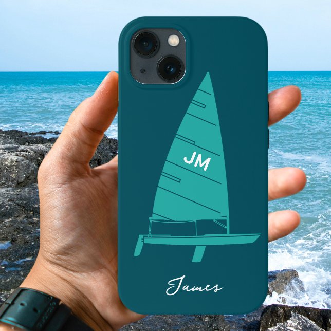 Personlig Monogram Namn Sailboat Tävla Teal (Skapare uppladdad)