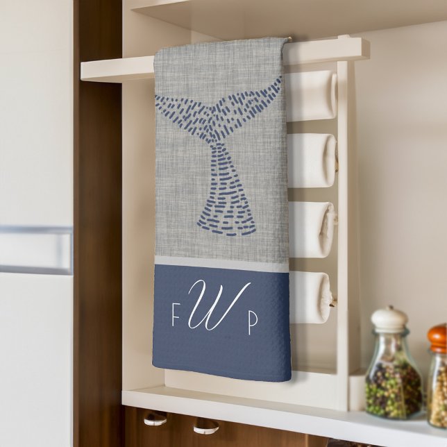 Personlig Monogram Nautical Whale Svan Line Art Kökshandduk (Personalized Monogram Nautical Whale Tail Line Art Kitchen Towel)