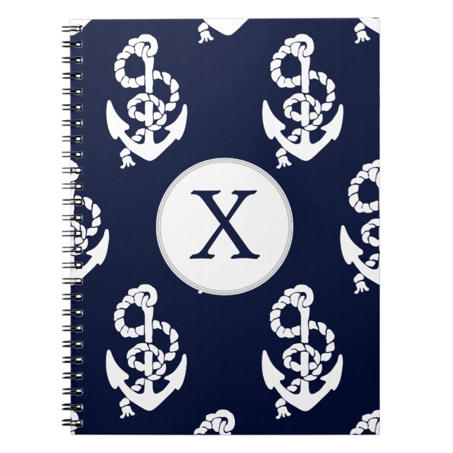 Personlig Monogram Navy Blue Anchor Nautical Anteckningsbok (Framsidan)