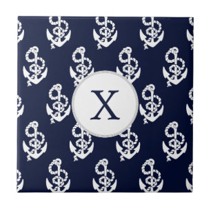 Personlig Monogram Navy Blue Anchor Nautical Kakelplatta