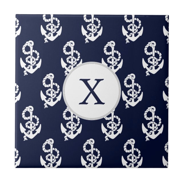 Personlig Monogram Navy Blue Anchor Nautical Kakelplatta (Framsidan)