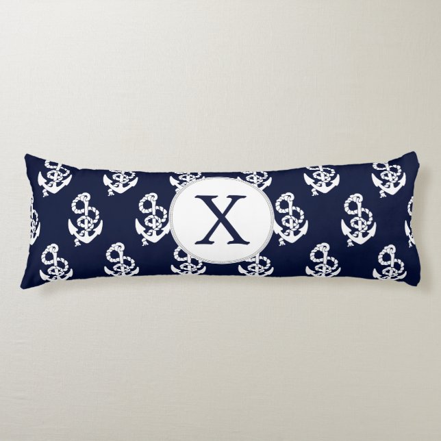Personlig Monogram Navy Blue Anchor Nautical Kroppskudde (Framsidan)
