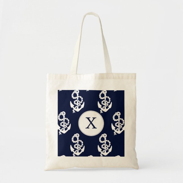 Personlig Monogram Navy Blue Anchor Nautical Tygkasse (Framsidan)