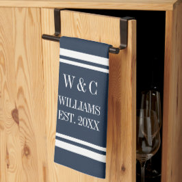 Personlig monogram Navyblå vit rand Kökshandduk