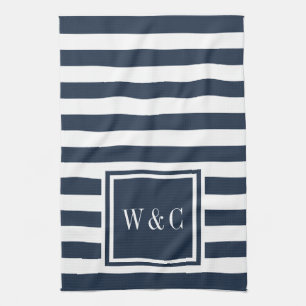 Personlig monogram Navyblå vit rand Kökshandduk