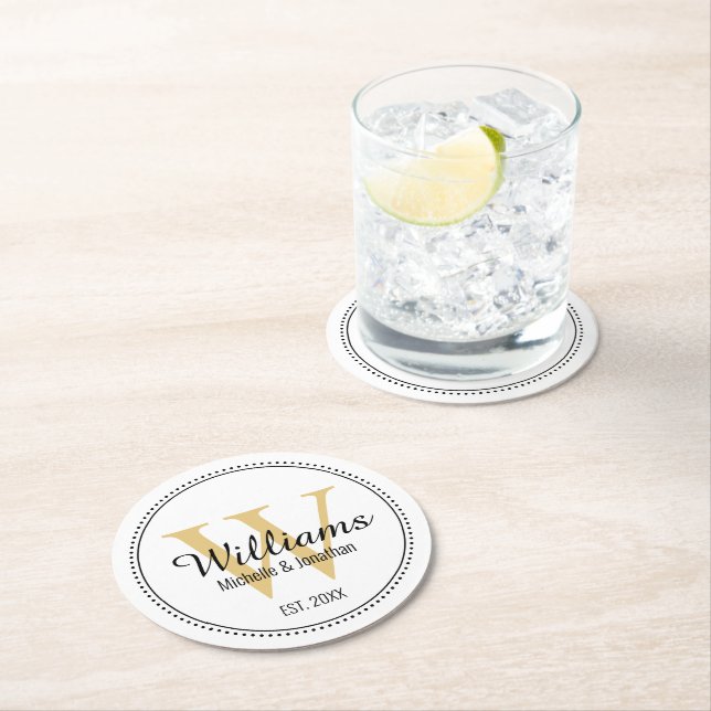 Personlig Monogram Newlyed Guld Underlägg Papper Rund (Insitu)