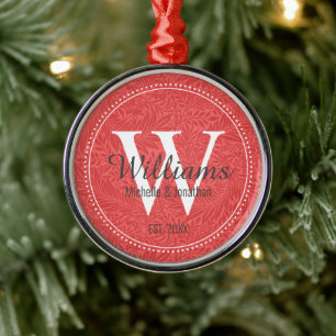 Personlig Monogram Newlyed Red Blommigt Julgransprydnad Metall