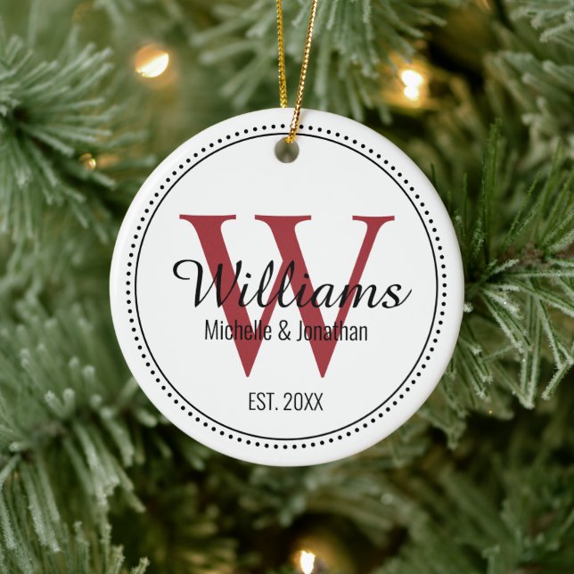 Personlig Monogram Newlyed Red Milgrain Julgransprydnad Keramik (Träd)