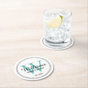 Personlig Monogram Newlyed Teal Underlägg Papper Rund