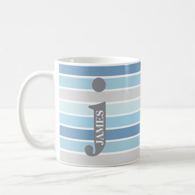 Personlig monogram 'Nyanser av Blått' Randig Kaffemugg (Vänster)