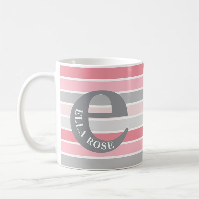 Personlig monogram 'Nyanser av rosa' randig Kaffemugg (Vänster)