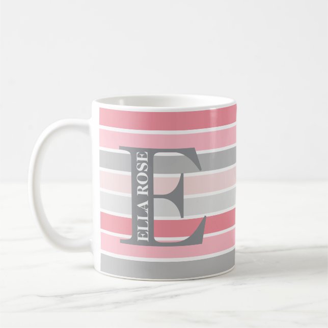 Personlig monogram 'Nyanser av rosa' Randig Kaffemugg (Vänster)