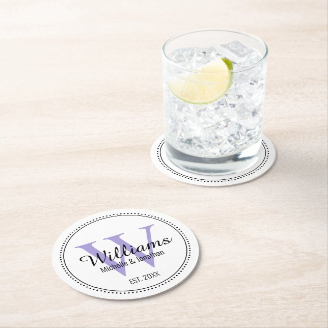 Personlig Monogram Nygift Lavendel Underlägg Papper Rund (Insitu)