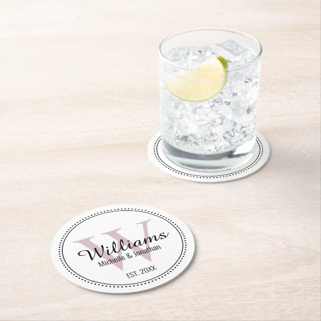 Personlig Monogram Nygift Rosé Underlägg Papper Rund (Insitu)