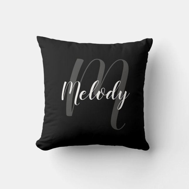 Personlig Monogram och Namn Black and White Kudde (Framsida)