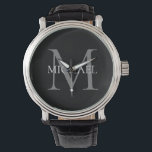 Personlig Monogram och Namn Black Armbandsur<br><div class="desc">Personlig Elegant Monogram och Namn Gåvor med personlig monogram i klassiskt serif font stil med box av namn i mitten av monogram.</div>