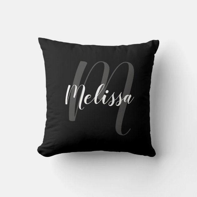 Personlig Monogram och Namn Black Elegant Kudde (Framsida)