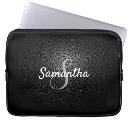 Personlig Monogram och Namn Black Leather Laptop Fodral