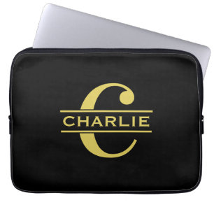 Personlig Monogram och Namn Black och Guld Laptop Fodral