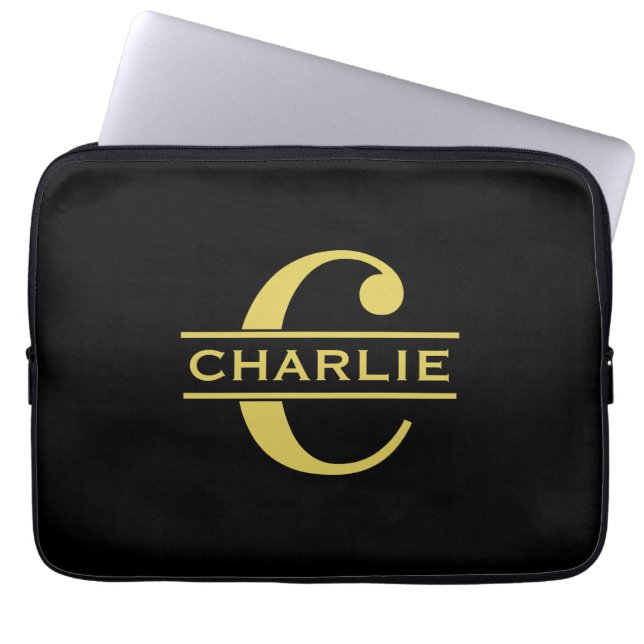 Personlig Monogram och Namn Black och Guld Laptop Fodral (Framsidan)