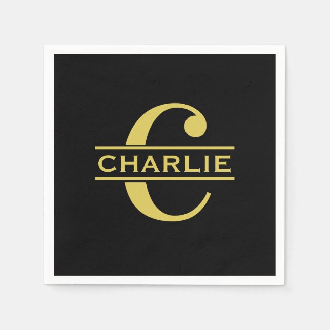 Personlig Monogram och Namn Black och Guld Pappersservett (Framsidan)