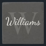 Personlig Monogram och Namn Black Stenunderlägg<br><div class="desc">Personlig Monogram och Namn Gift har personlig namn i det vita skriptteckensnittet stil och monogram i grått serif font stil som bakgrund,  på svart bakgrund. Perfekt som helgdag,  fars dag-gåva,  familjeåterföreningsgåva,  tack för marskalkar och gåva vid särskilda tillfällen.</div>