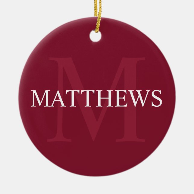 Personlig Monogram och Namn Burgundy Red Julgransprydnad Keramik (Framsidan)