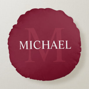 Personlig Monogram och Namn Burgundy Red Rund Kudde