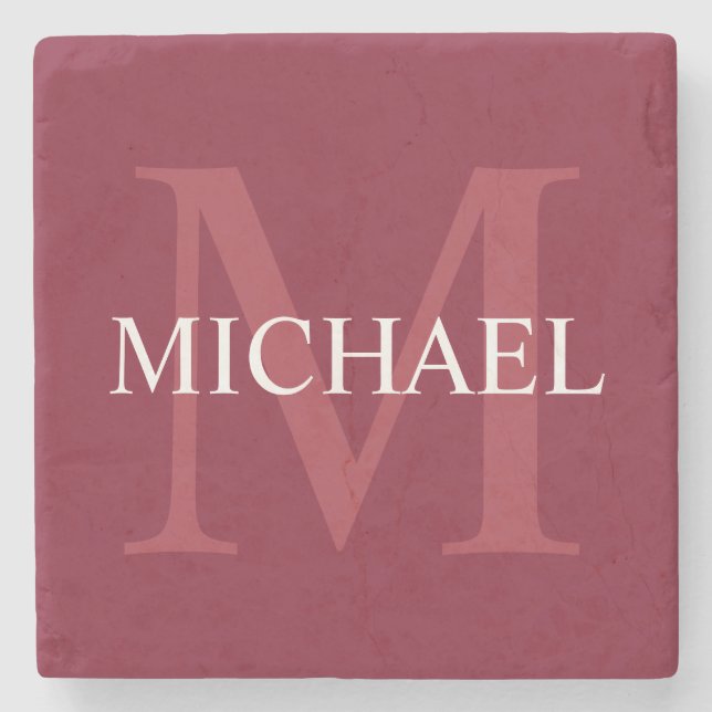 Personlig Monogram och Namn Burgundy Red Stenunderlägg (Framsidan)