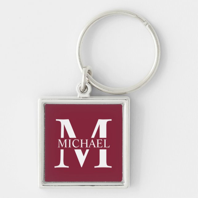 Personlig monogram och namn fyrkantig silverfärgad nyckelring (Framsidan)