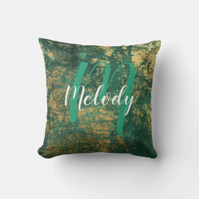 Personlig Monogram och Namn Grönt och Guld Kudde (Framsida)
