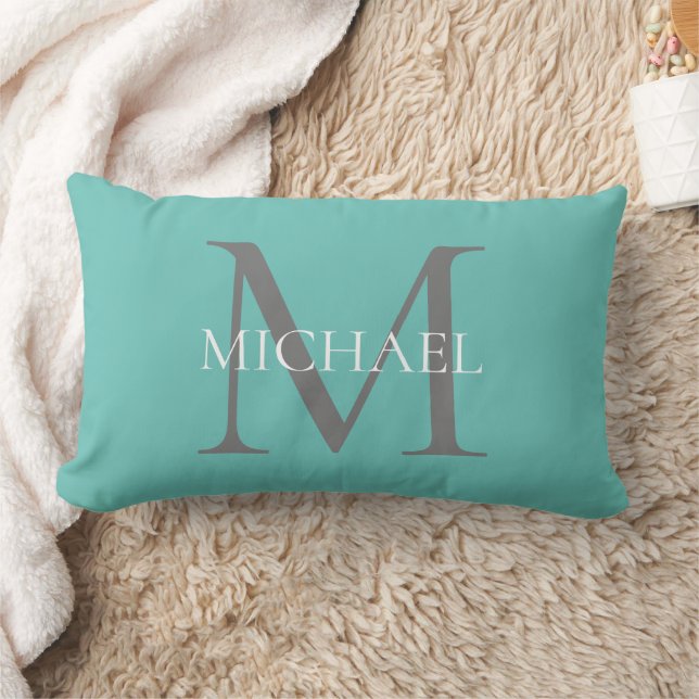Personlig Monogram och Namn Light Blue Lumbarkudde (Filt)
