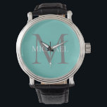 Personlig Monogram och Namn Light Teal Armbandsur<br><div class="desc">Personlig Elegant Monogram och Namn Gåvor med personlig monogram i klassiskt serif font stil med box av namn i mitten av monogram.</div>