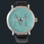 Personlig Monogram och Namn Light Teal Armbandsur<br><div class="desc">Personlig Elegant Monogram och Namn Gåvor med personlig monogram i klassiskt serif font stil med box av namn i mitten av monogram.</div>