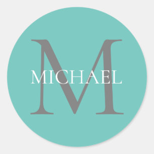 Personlig Monogram och Namn Light Teal Runt Klistermärke