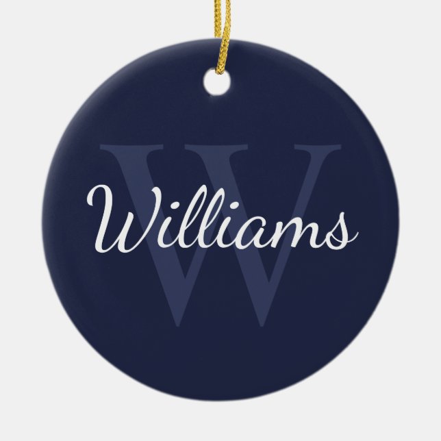 Personlig Monogram och Namn marinblått Julgransprydnad Keramik (Framsidan)
