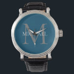 Personlig Monogram och Namn Ocean Blue Armbandsur<br><div class="desc">Personlig Elegant Monogram och Namn Gåvor med personlig monogram i klassiskt serif font stil med box av namn i mitten av monogram.</div>