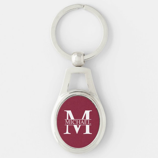 Personlig monogram och namn ovalt silverfärgad nyckelring (Framsidan)