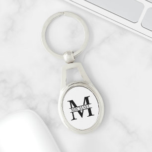 Personlig Monogram och Namn Ovalt Silverfärgad Nyckelring