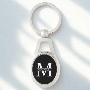 Personlig Monogram och Namn Ovalt Silverfärgad Nyckelring
