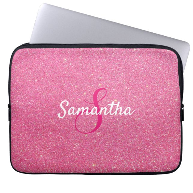 Personlig Monogram och Namn Ro Rosa Glitter Laptop Fodral (Framsidan)