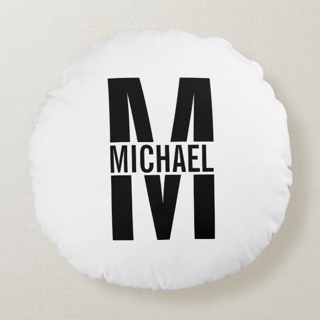 Personlig Monogram och Namn Round Pillow Rund Kudde (Framsidan)
